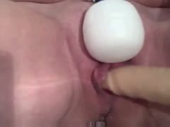 My wife's rock hard muff trembles because of sextoy and a huge marriage equipment.